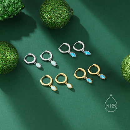 Marquise Opal Huggie Hoops in Sterling Silver, 8mm Opal Hoops, Blue Opal or White Opal, Silver or Gold, Fire Opal Earring