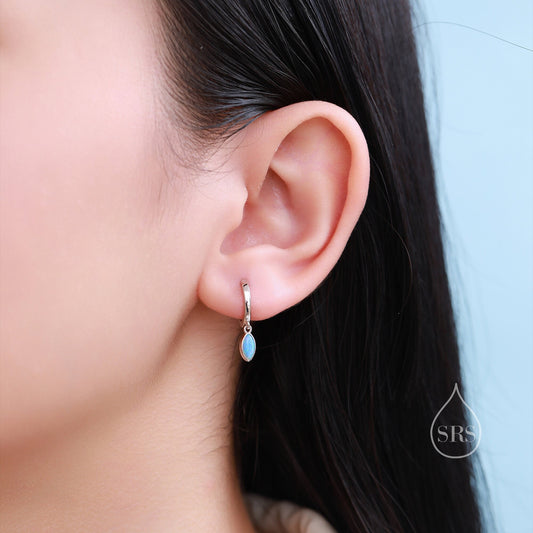 Marquise Opal Huggie Hoops in Sterling Silver, 8mm Opal Hoops, Blue Opal or White Opal, Silver or Gold, Fire Opal Earring