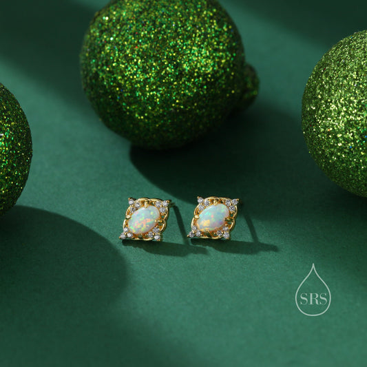 Vintage Style Opal Stud Earrings in Sterling Silver, Gold over Sterling Silver, Opal Earrings