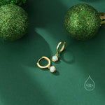 Sterling Silver Dangling 4mm Opal Hoop Earrings, Blue Opal or Fire Opal Charm Dangle Hoop Earrings, Silver or Gold