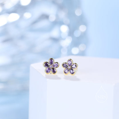 Amethyst Purple Flower CZ Stud Earrings in Sterling Silver, Forget Me Not Floral CZ Earrings, Silver or Gold, Flower CZ Earrings