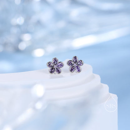 Amethyst Purple Flower CZ Stud Earrings in Sterling Silver, Forget Me Not Floral CZ Earrings, Silver or Gold, Flower CZ Earrings