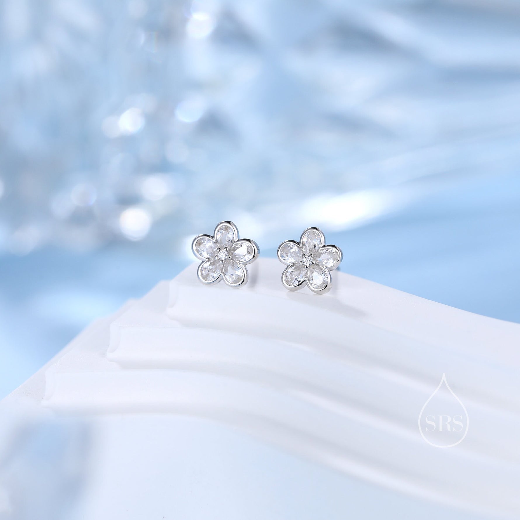 Flower CZ Stud Earrings in Sterling Silver, Forget Me Not Floral CZ Earrings, Silver or Gold, Flower CZ Earrings