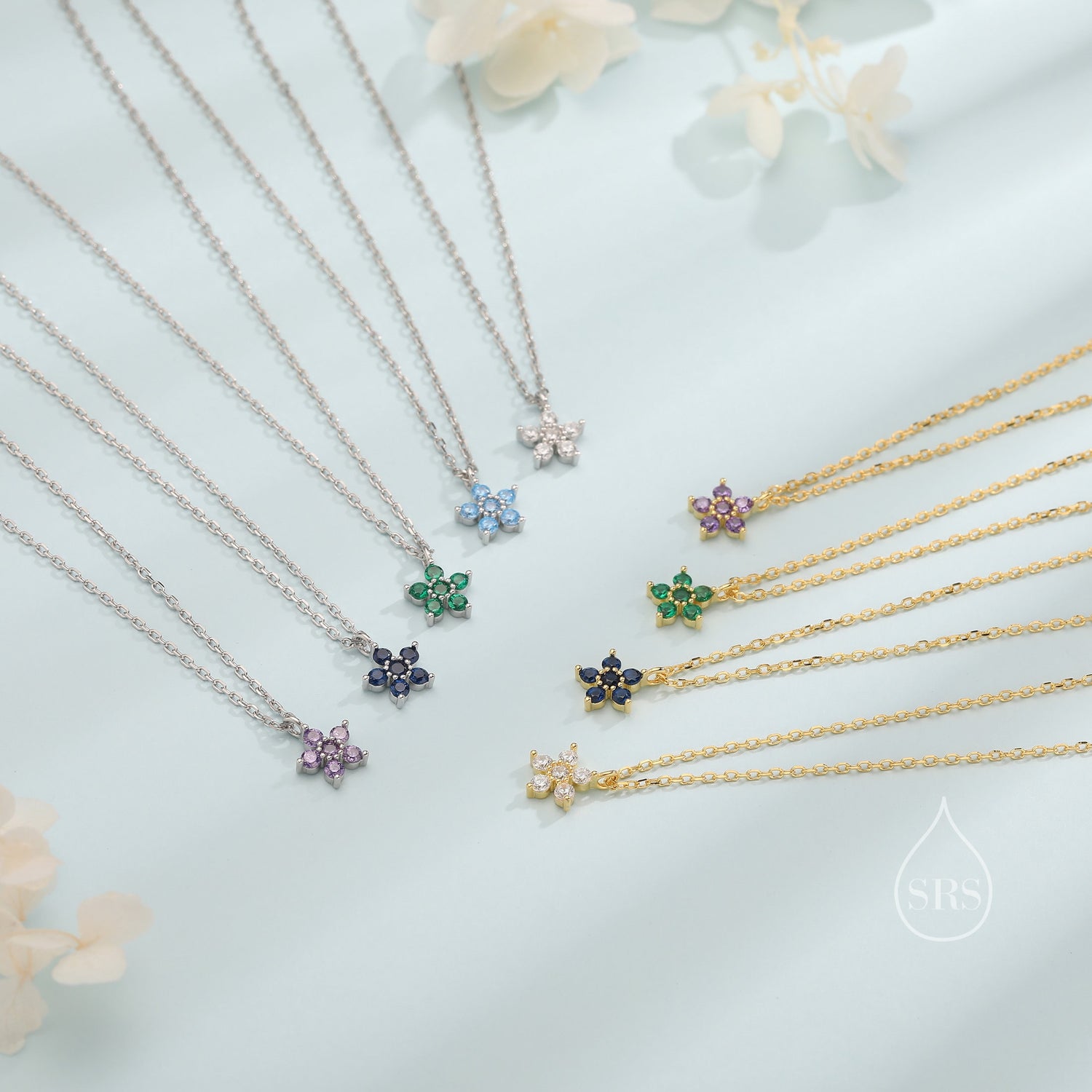 Tiny Forget Me Not Flower CZ Necklace in Sterling Silver, Silver or Gold, Various Colours, Tiny CZ Flower Pendant