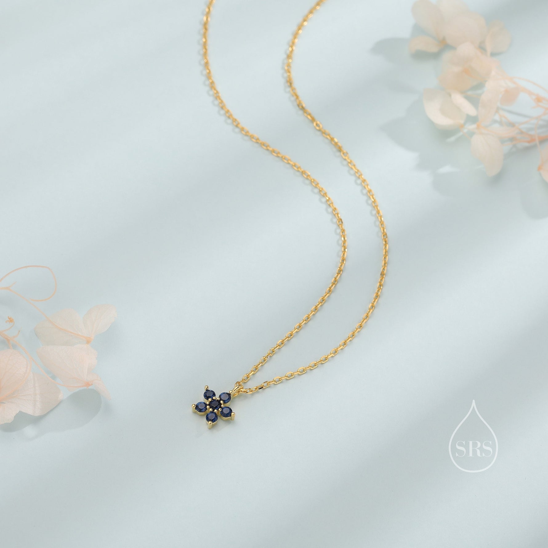 Tiny Forget Me Not Flower CZ Necklace in Sterling Silver, Silver or Gold, Various Colours, Tiny CZ Flower Pendant
