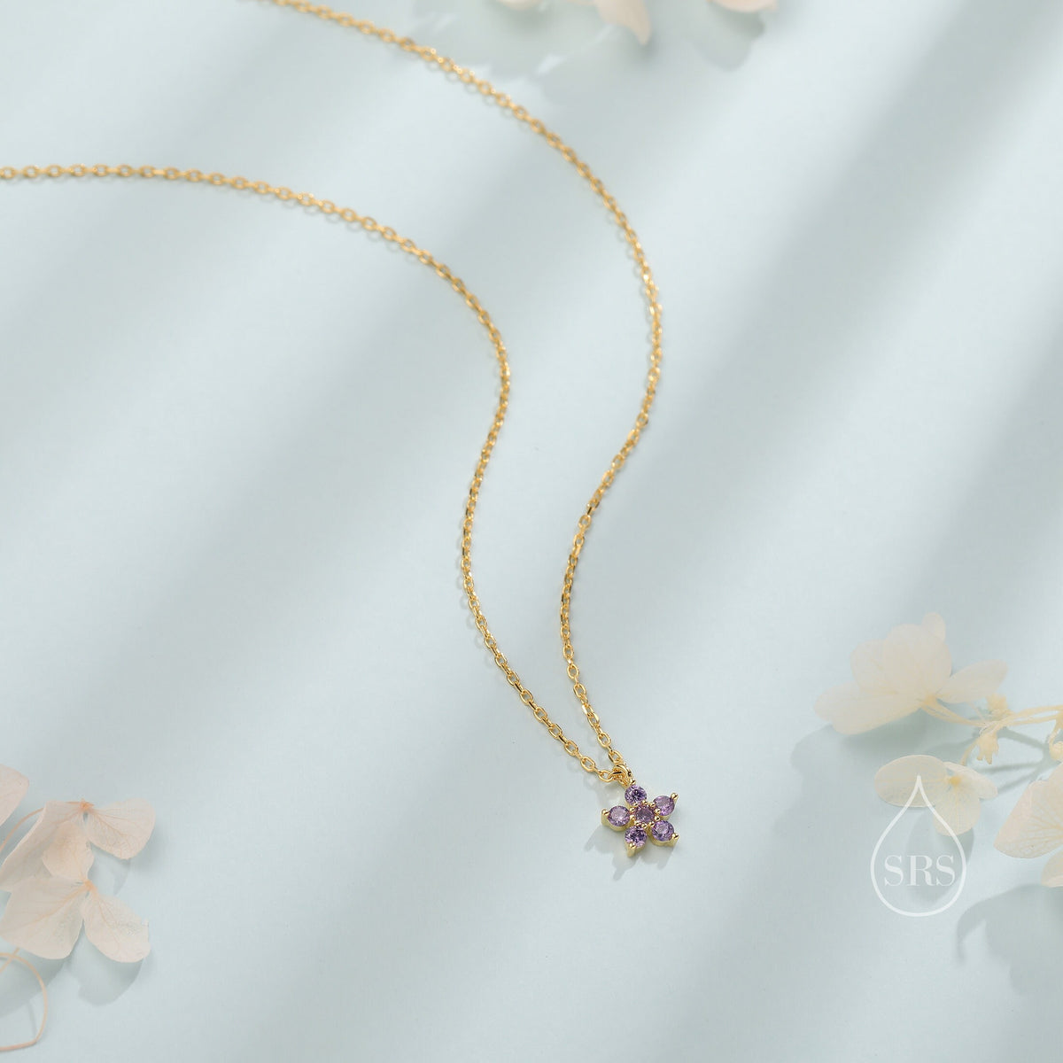 Tiny Forget Me Not Flower CZ Necklace in Sterling Silver, Silver or Gold, Various Colours, Tiny CZ Flower Pendant