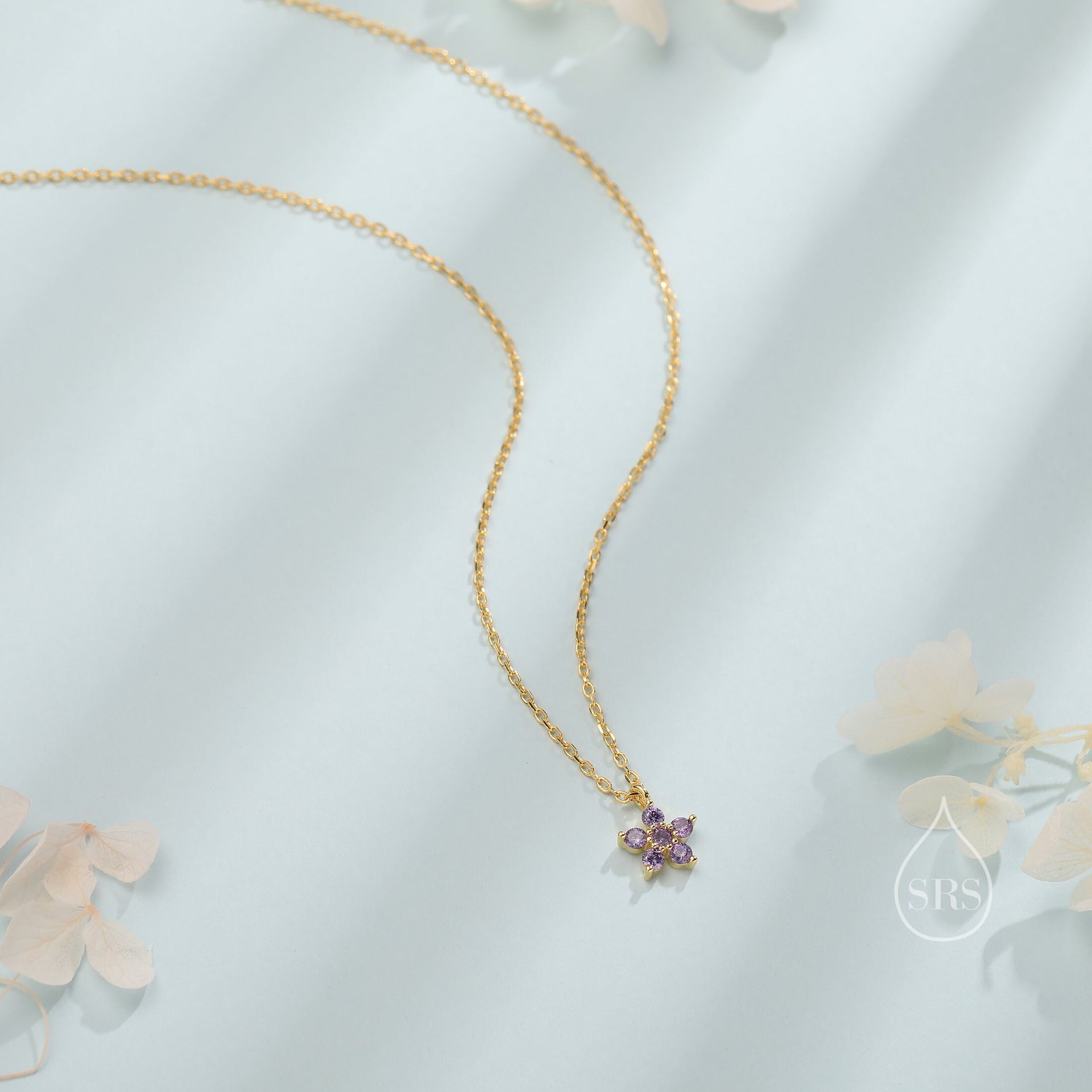Tiny Forget Me Not Flower CZ Necklace in Sterling Silver, Silver or Gold, Various Colours, Tiny CZ Flower Pendant