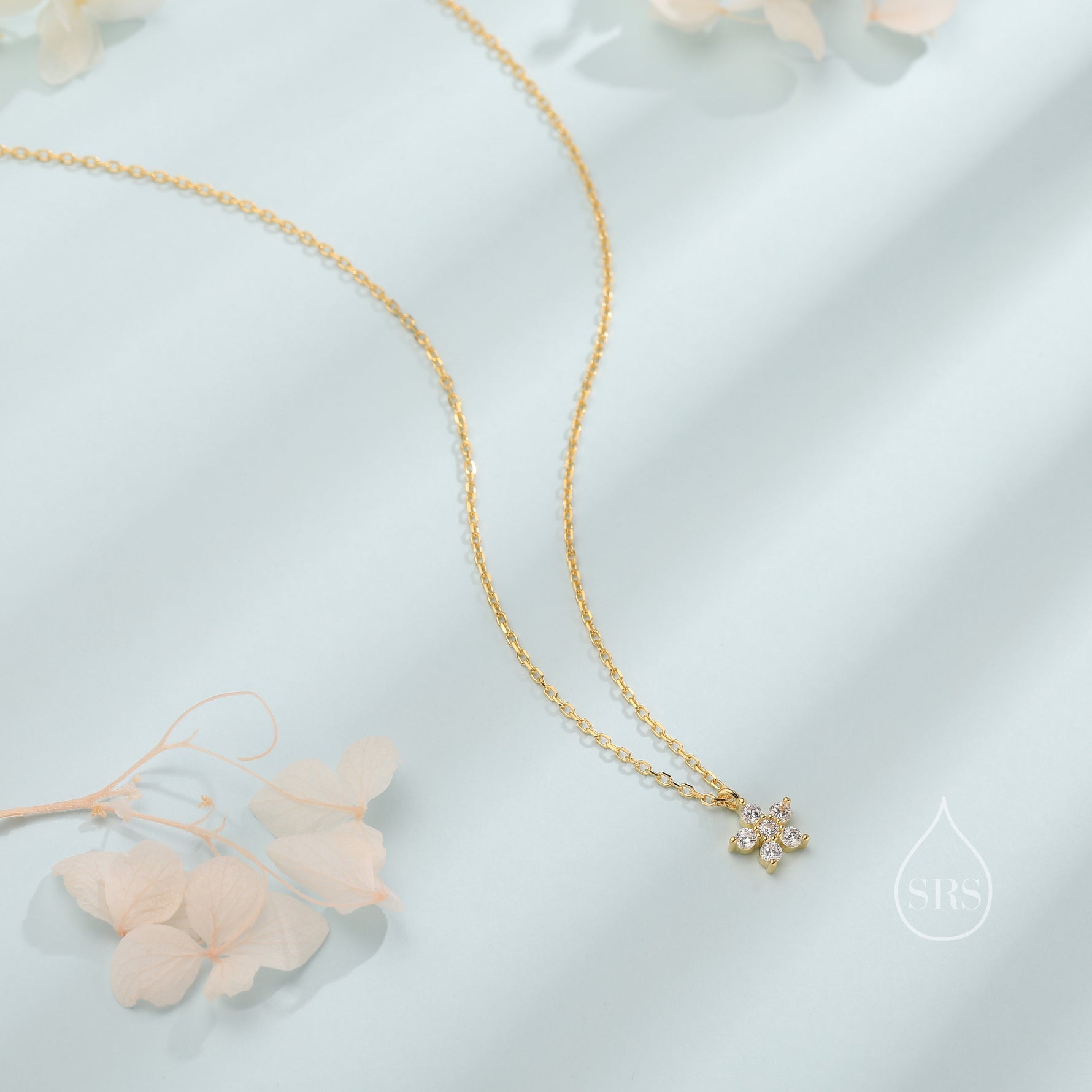 Tiny Forget Me Not Flower CZ Necklace in Sterling Silver, Silver or Gold, Various Colours, Tiny CZ Flower Pendant