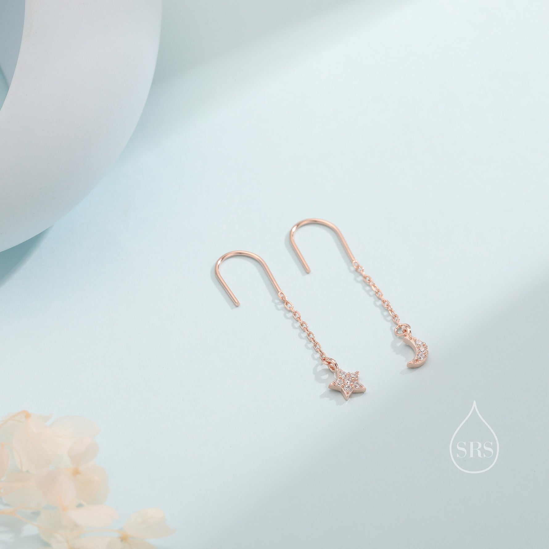 Asymmetric Star and Moon CZ Drop Earrings in Sterling Silver, Delicate Star and Moon Threader Earrings, Dainty Open Star Dangle Earrings