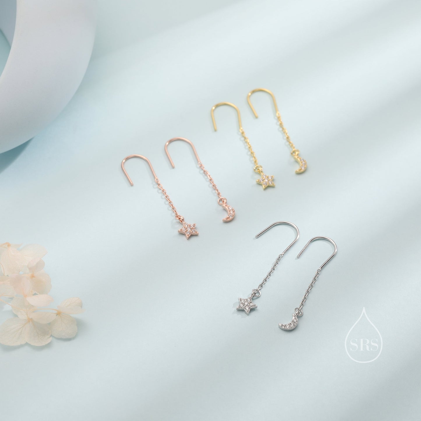 Asymmetric Star and Moon CZ Drop Earrings in Sterling Silver, Delicate Star and Moon Threader Earrings, Dainty Open Star Dangle Earrings