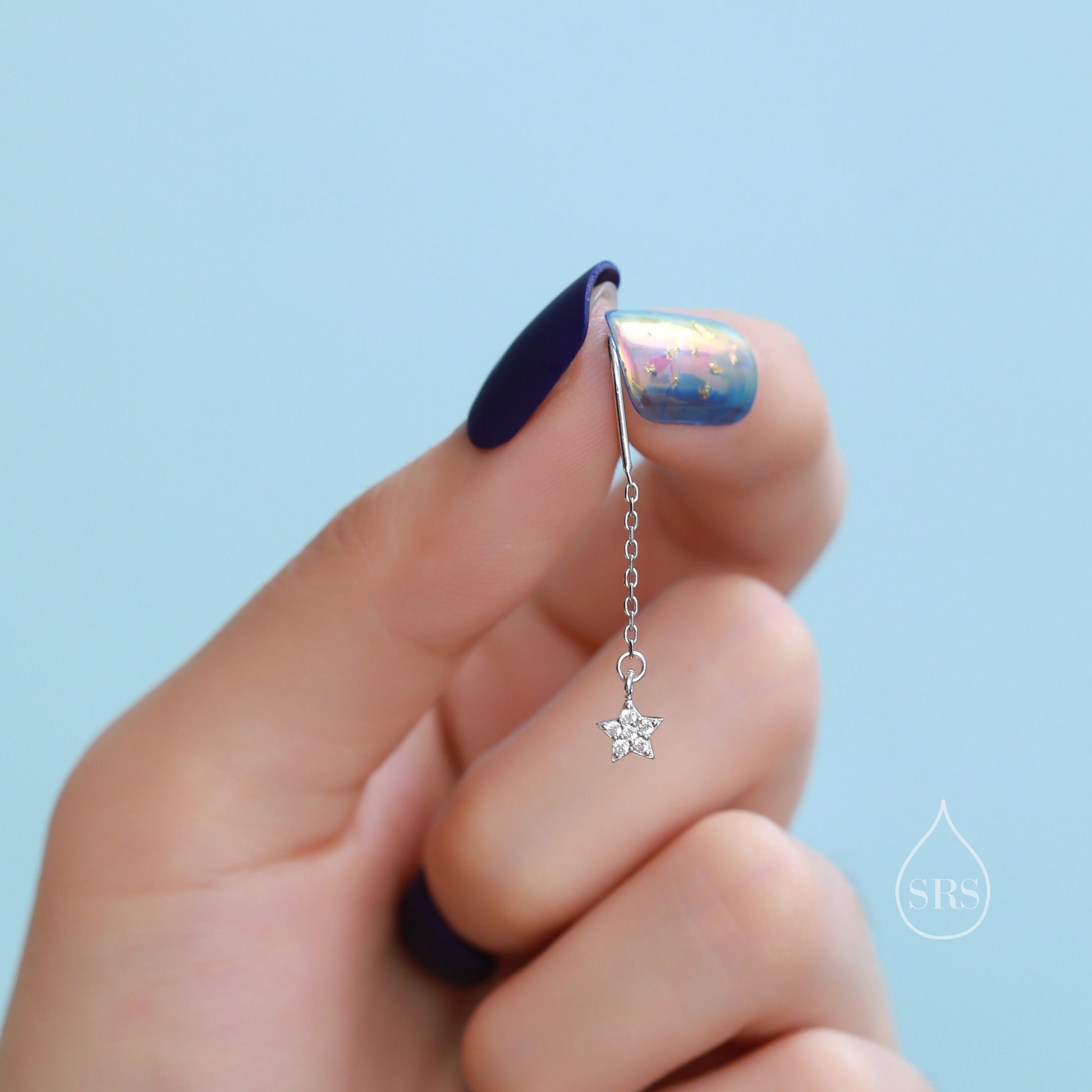 Asymmetric Star and Moon CZ Drop Earrings in Sterling Silver, Delicate Star and Moon Threader Earrings, Dainty Open Star Dangle Earrings