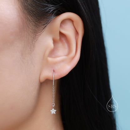 Asymmetric Star and Moon CZ Drop Earrings in Sterling Silver, Delicate Star and Moon Threader Earrings, Dainty Open Star Dangle Earrings