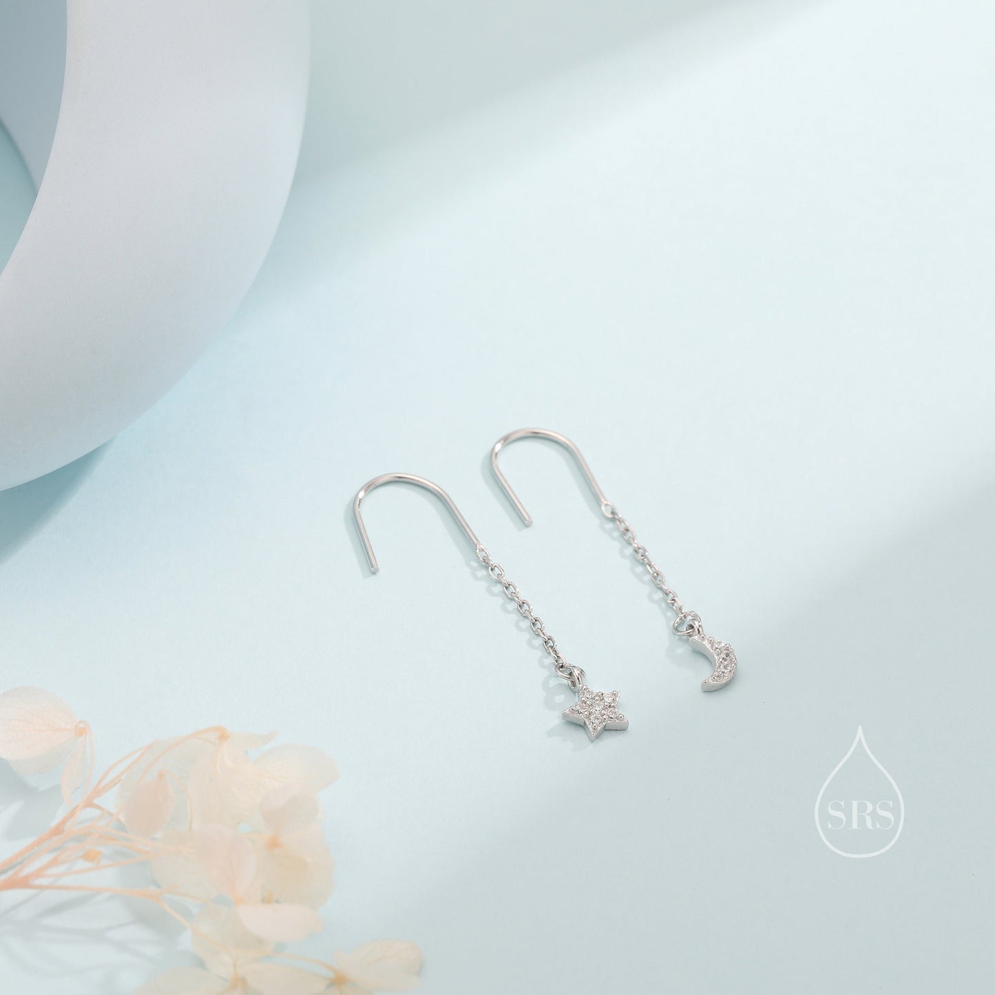 Asymmetric Star and Moon CZ Drop Earrings in Sterling Silver, Delicate Star and Moon Threader Earrings, Dainty Open Star Dangle Earrings