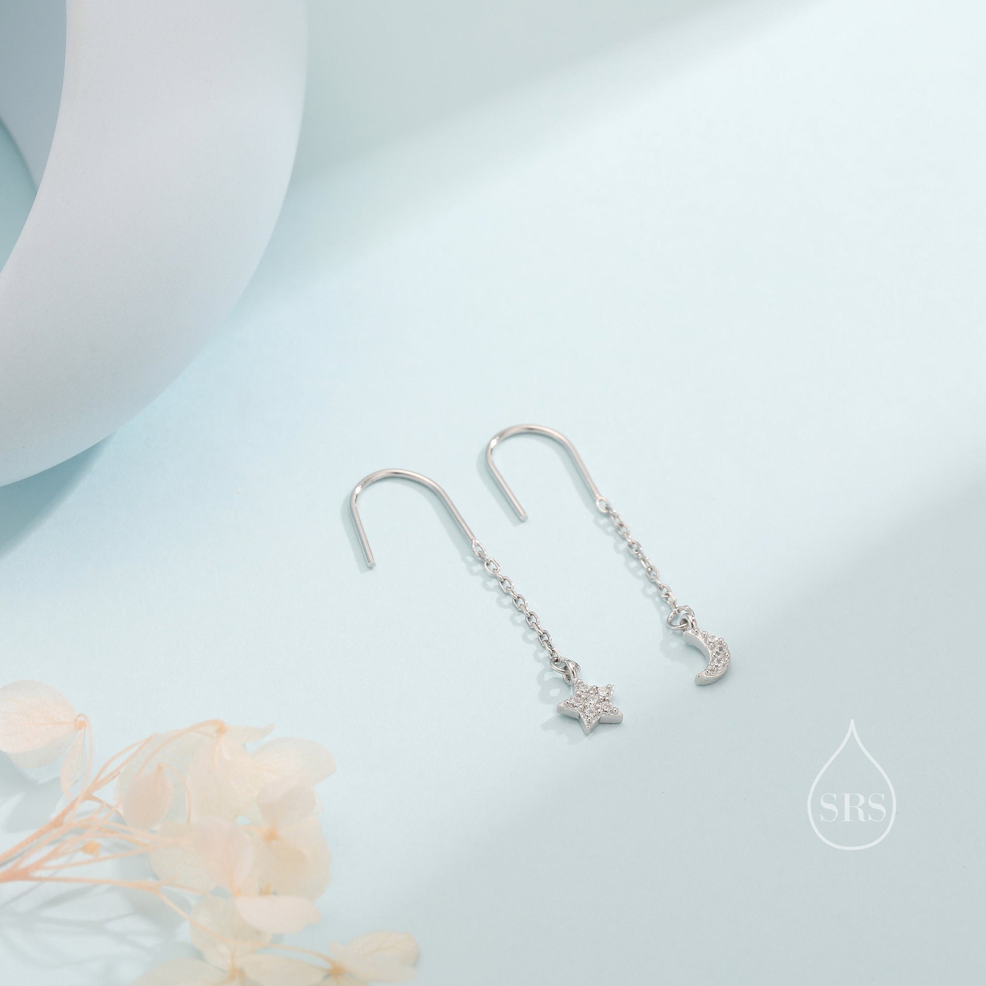 Asymmetric Star and Moon CZ Drop Earrings in Sterling Silver, Delicate Star and Moon Threader Earrings, Dainty Open Star Dangle Earrings
