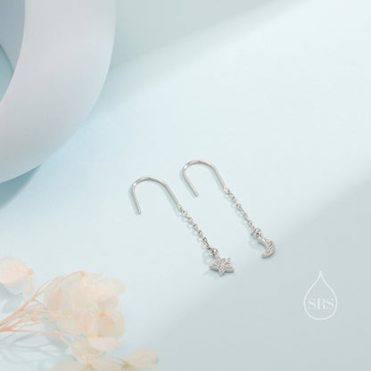 Asymmetric Star and Moon CZ Drop Earrings in Sterling Silver, Delicate Star and Moon Threader Earrings, Dainty Open Star Dangle Earrings