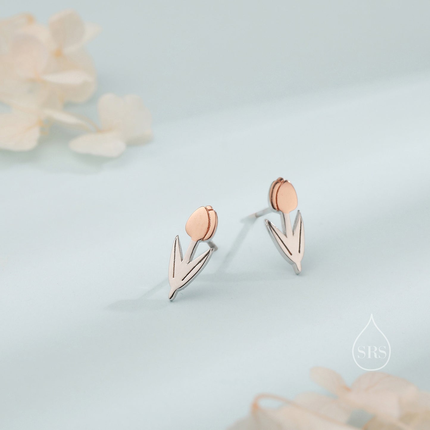 Tulip Flower Stud Earrings in Sterling Silver, Two Tone Finish, Flower Earrings, Tulip Earrings