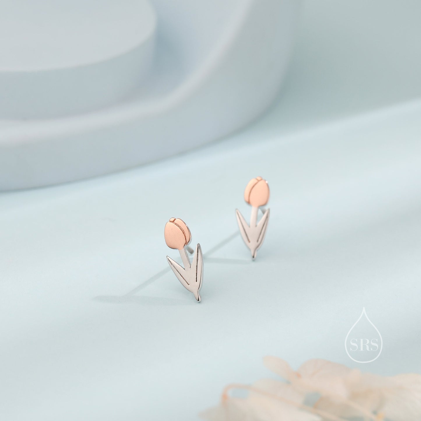 Tulip Flower Stud Earrings in Sterling Silver, Two Tone Finish, Flower Earrings, Tulip Earrings