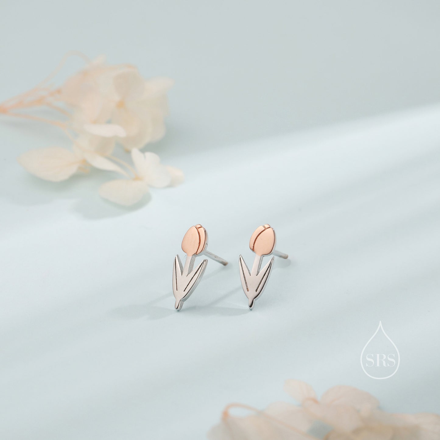 Tulip Flower Stud Earrings in Sterling Silver, Two Tone Finish, Flower Earrings, Tulip Earrings