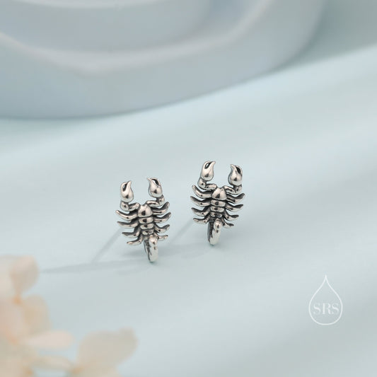 Tiny Scorpion Stud Earrings in Sterling Silver, Oxidised Finish, Scorpion Earrings