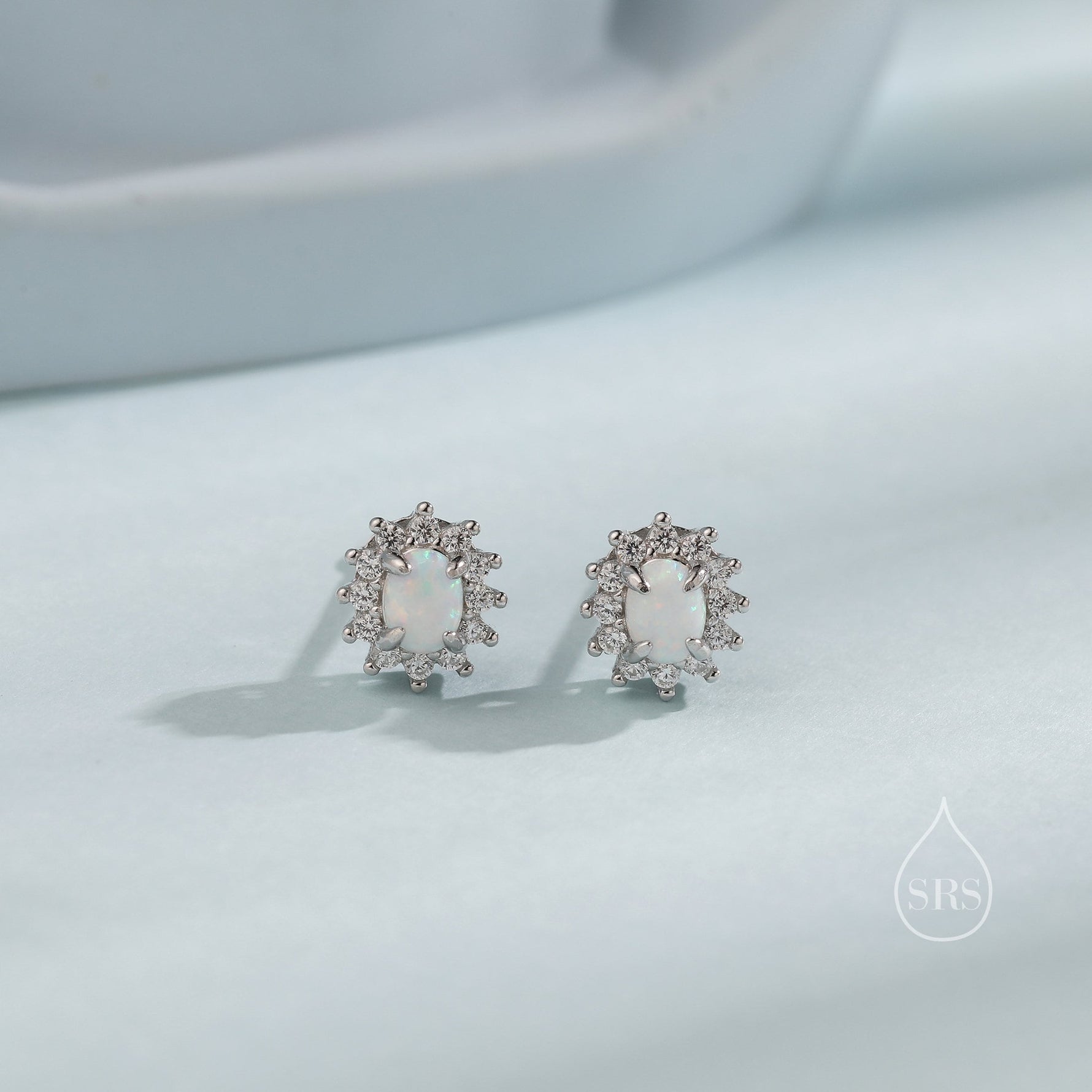 Opal CZ Oval Halo Stud Earrings in Sterling Silver, Silver or Gold, Lab Opal and CZ Earrings, Opal Earrings