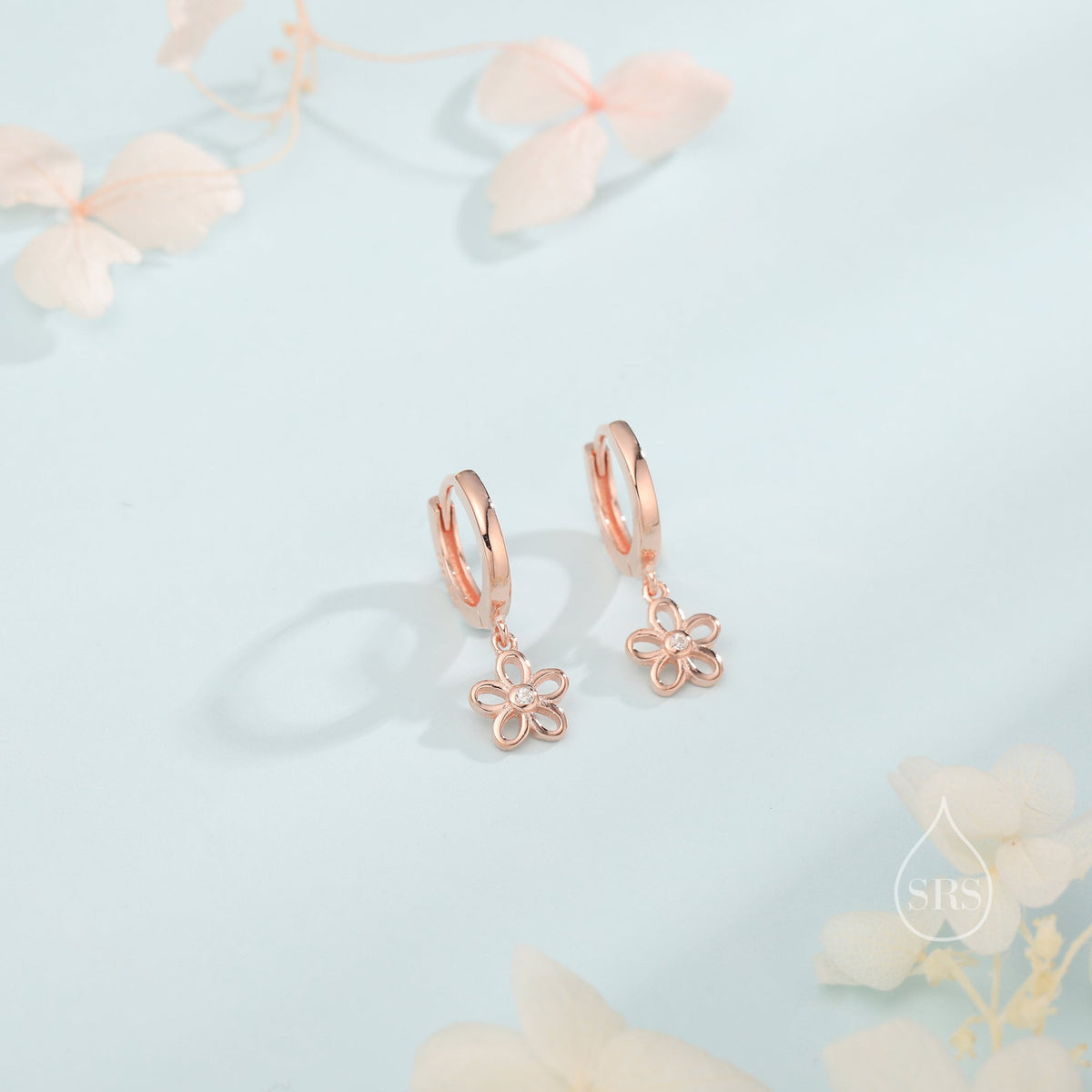Forget Me Not Flower Huggie Hoop Earrings in Sterling Silver, Silver, Gold or Rose Gold, Tiny Flower Hoops