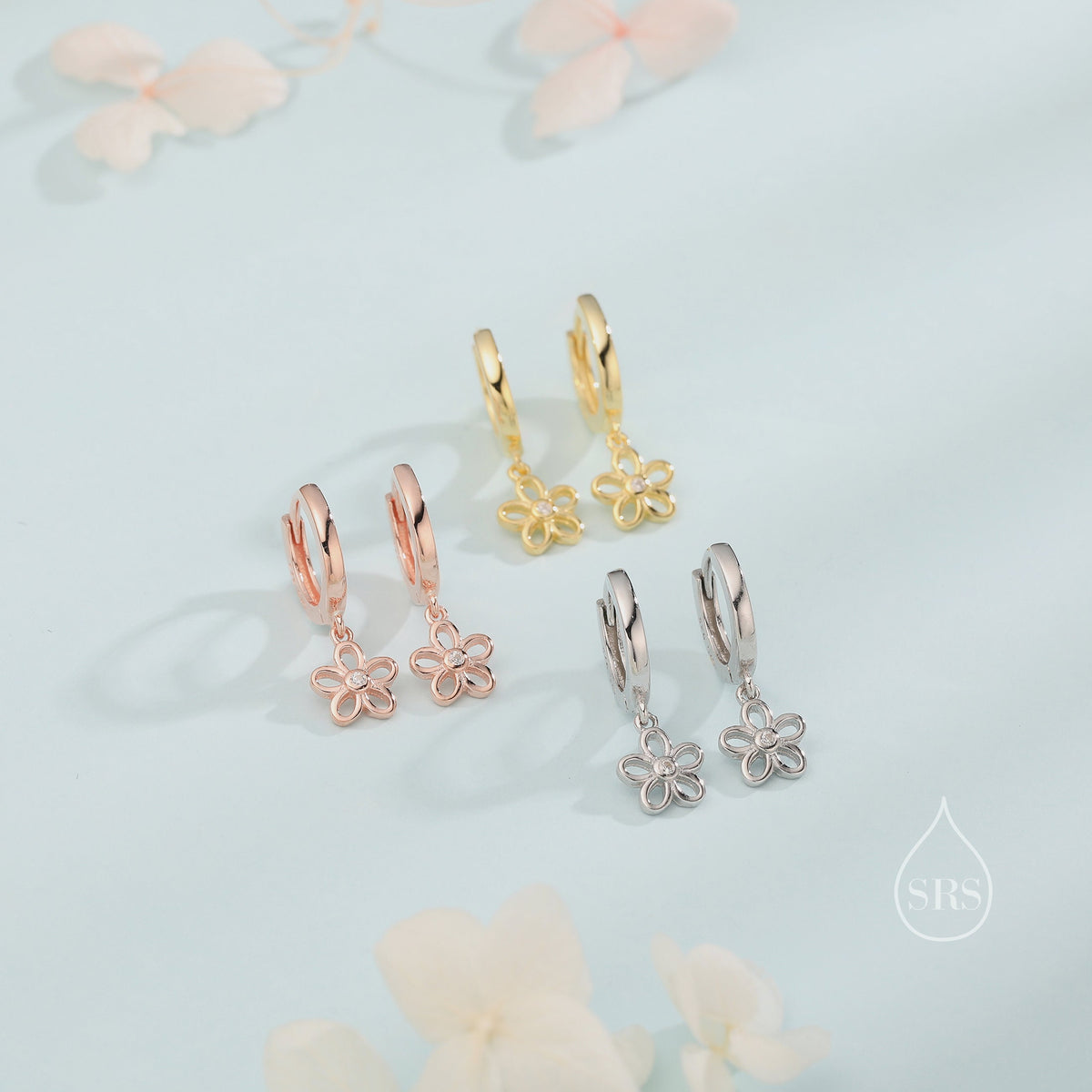 Forget Me Not Flower Huggie Hoop Earrings in Sterling Silver, Silver, Gold or Rose Gold, Tiny Flower Hoops
