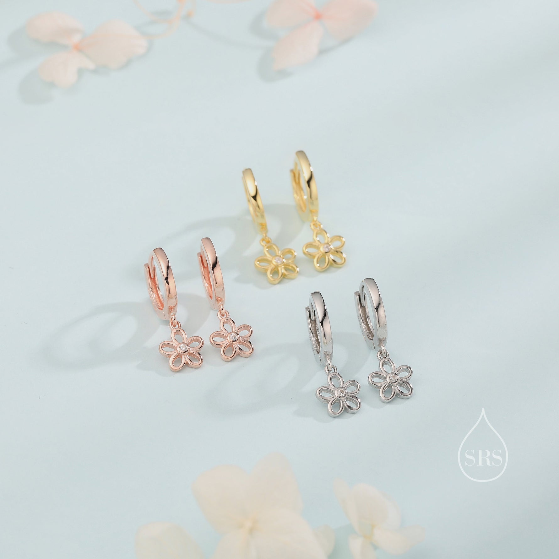 Forget Me Not Flower Huggie Hoop Earrings in Sterling Silver, Silver, Gold or Rose Gold, Tiny Flower Hoops