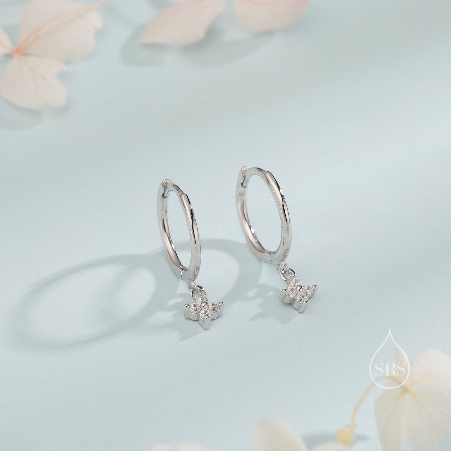 Extra Tiny Hydrangea Flower CZ Huggie Hoop Earrings in Sterling Silver, Silver or Gold or Rose Gold