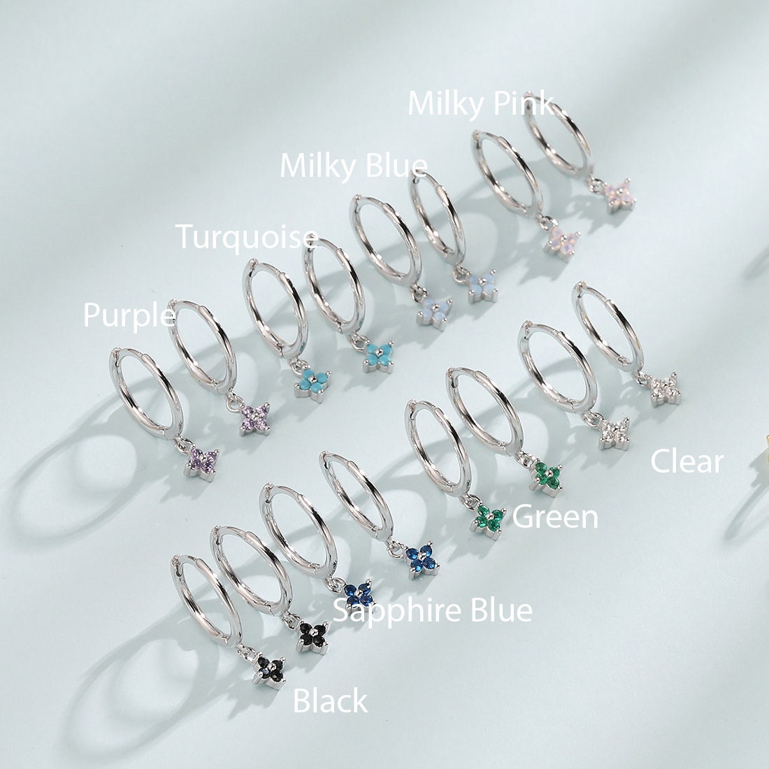 Extra Tiny Hydrangea Flower CZ Huggie Hoop Earrings in Sterling Silver, Silver or Gold, Green, Blue, Pink, Purple or Clear CZ