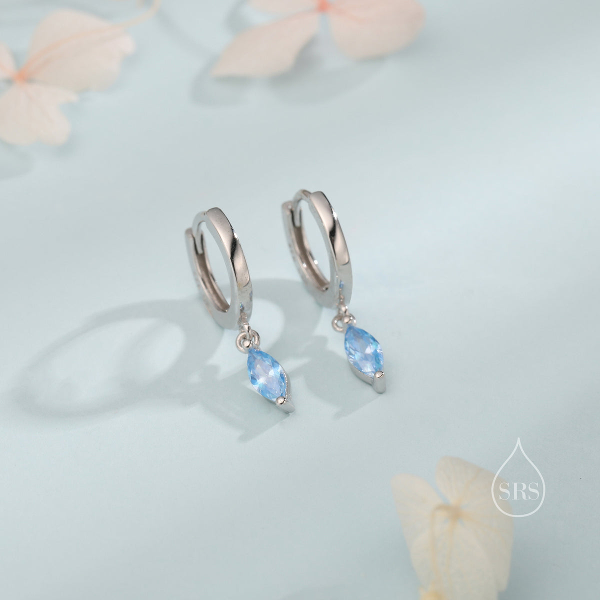 Extra Tiny Marquise CZ Huggie Hoop Earrings in Sterling Silver, Silver or Gold, 6 Colour Options, Green, Blue, Pink, Purple or Clear CZ