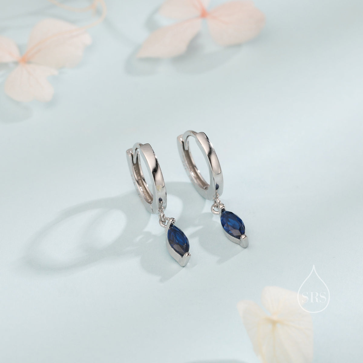 Extra Tiny Marquise CZ Huggie Hoop Earrings in Sterling Silver, Silver or Gold, 6 Colour Options, Green, Blue, Pink, Purple or Clear CZ