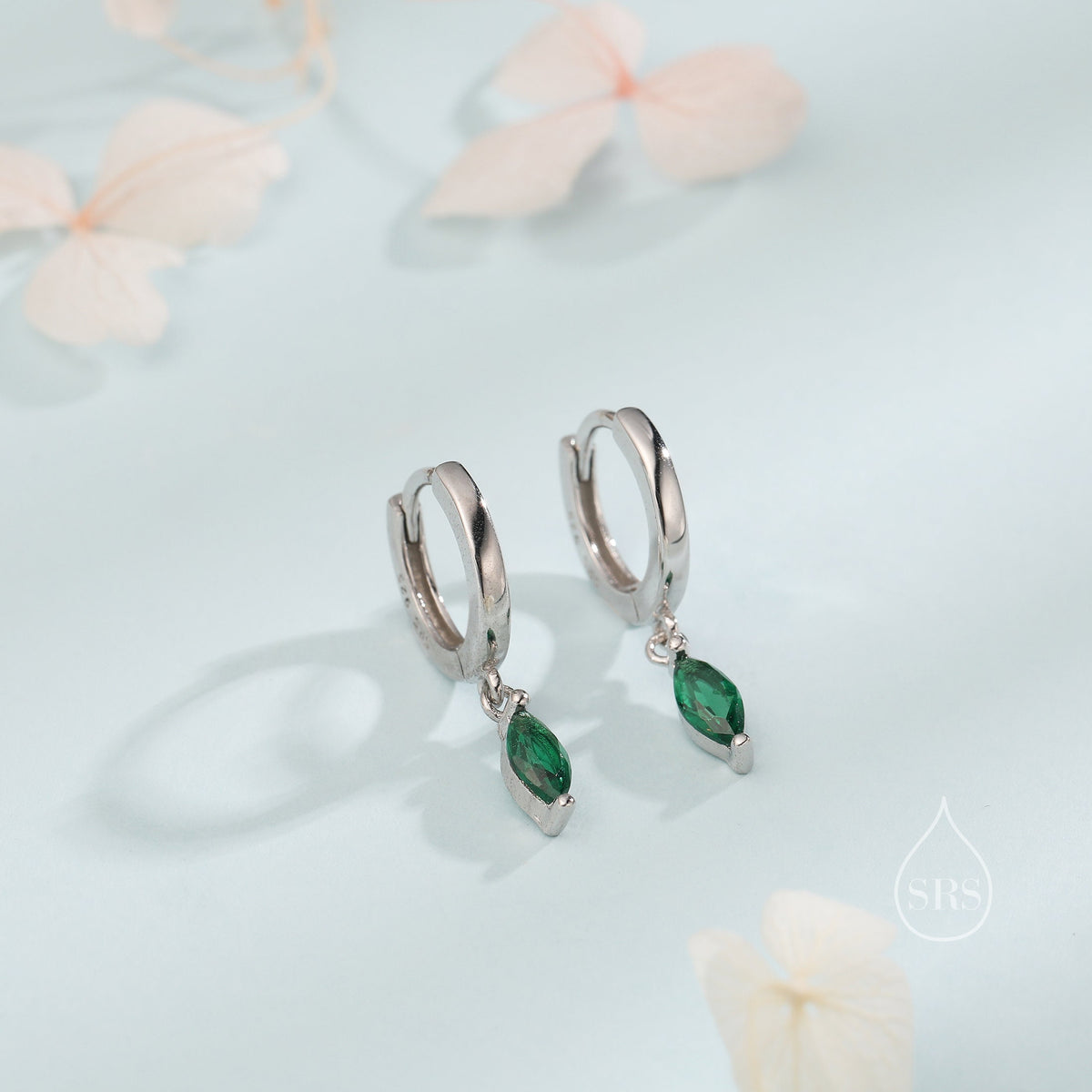 Extra Tiny Marquise CZ Huggie Hoop Earrings in Sterling Silver, Silver or Gold, 6 Colour Options, Green, Blue, Pink, Purple or Clear CZ