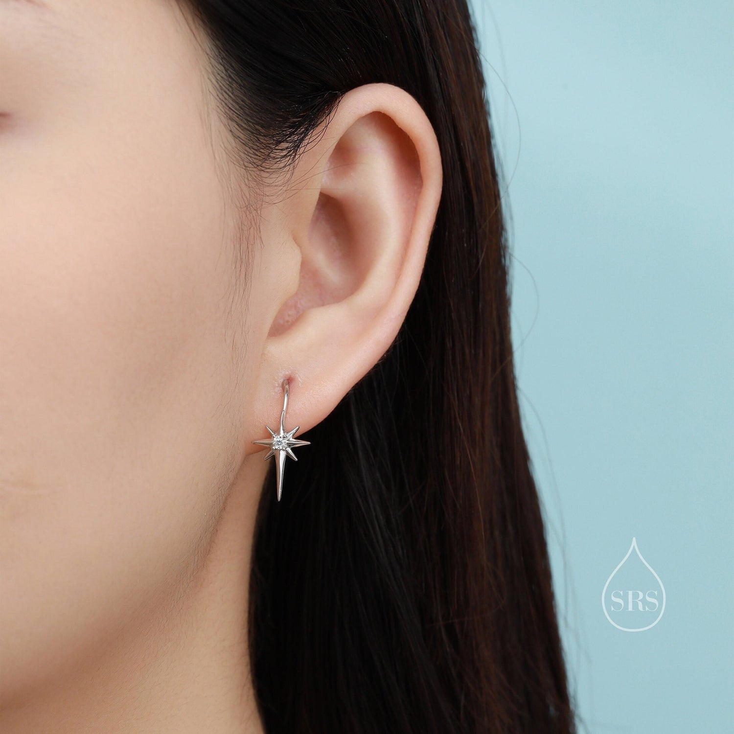 CZ Starburst Hook Earrings in Sterling Silver, Silver, Gold or Rose Gold, North Star Earrings, Sunburst Earrings, Celestial Jewellery