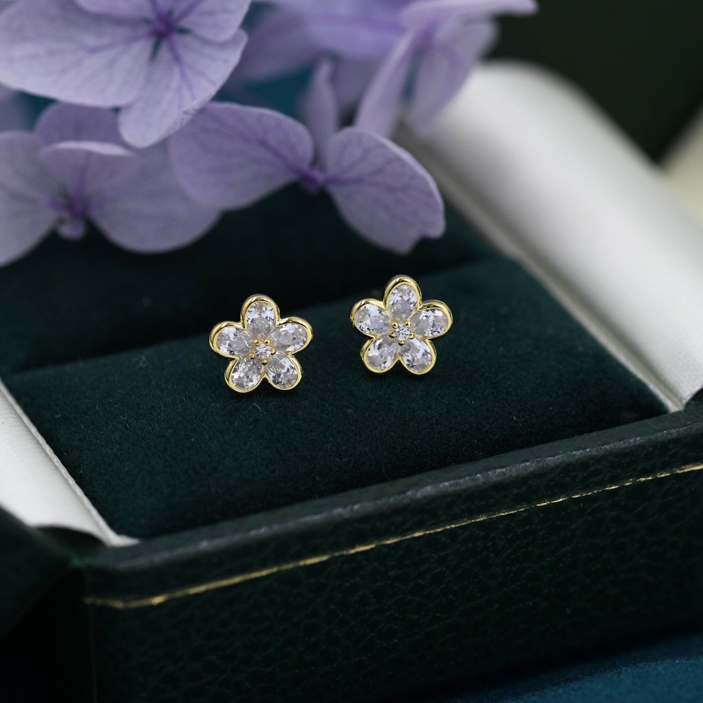 Tiny Flower CZ Stud Earrings in Sterling Silver, Forget Me Not Floral CZ Earrings, Silver or Gold, Flower CZ Earrings, Pear