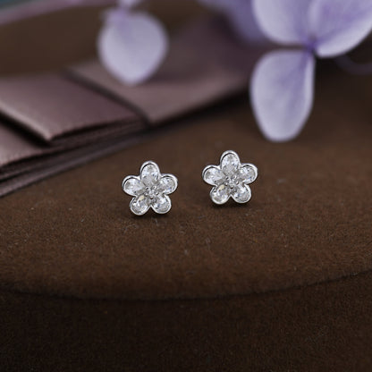 Tiny Flower CZ Stud Earrings in Sterling Silver, Forget Me Not Floral CZ Earrings, Silver or Gold, Flower CZ Earrings, Pear