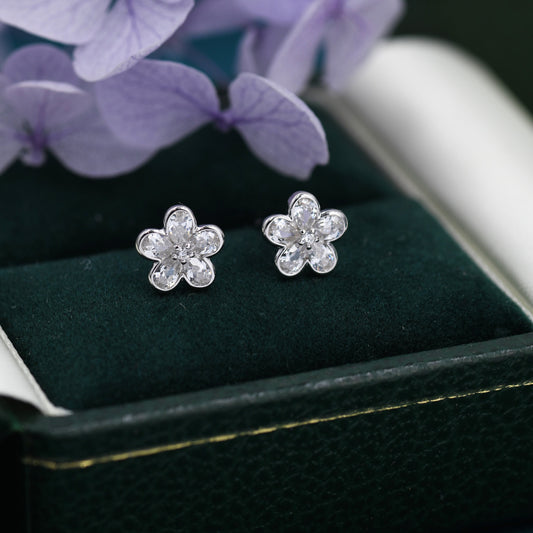 Tiny Flower CZ Stud Earrings in Sterling Silver, Forget Me Not Floral CZ Earrings, Silver or Gold, Flower CZ Earrings, Pear