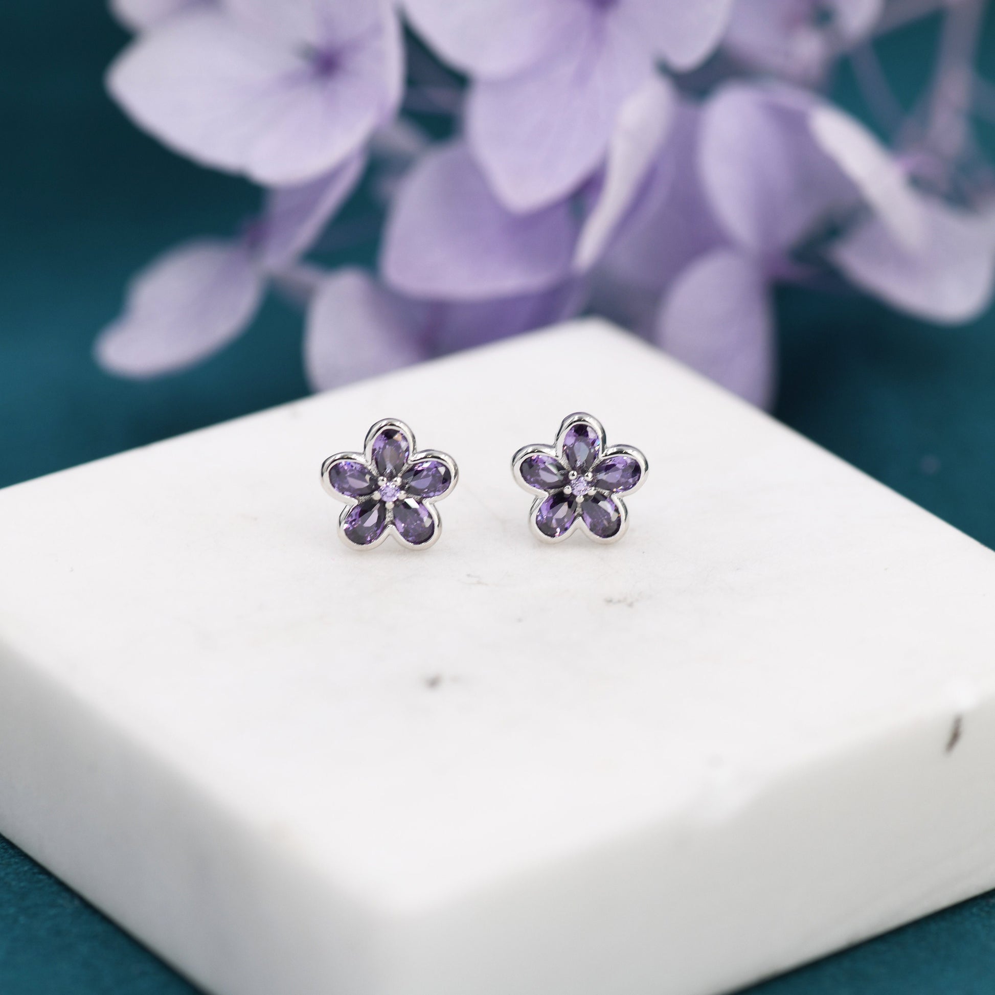 Amethyst Purple Flower CZ Stud Earrings in Sterling Silver, Forget Me Not Floral CZ Earrings, Silver or Gold, Flower CZ Earrings