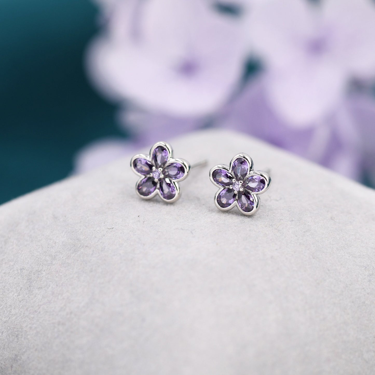 Amethyst Purple Flower CZ Stud Earrings in Sterling Silver, Forget Me Not Floral CZ Earrings, Silver or Gold, Flower CZ Earrings
