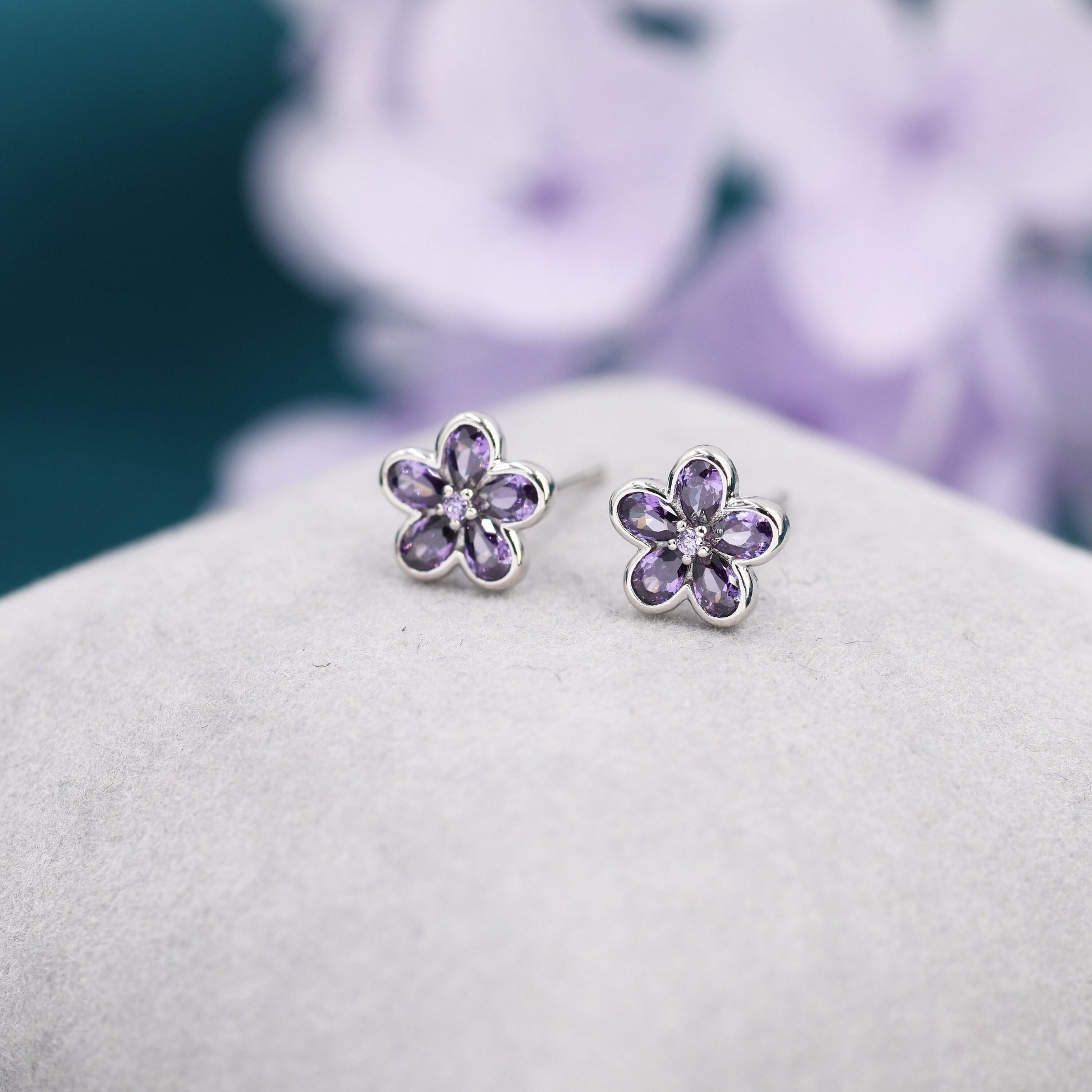 Amethyst Purple Flower CZ Stud Earrings in Sterling Silver, Forget Me Not Floral CZ Earrings, Silver or Gold, Flower CZ Earrings