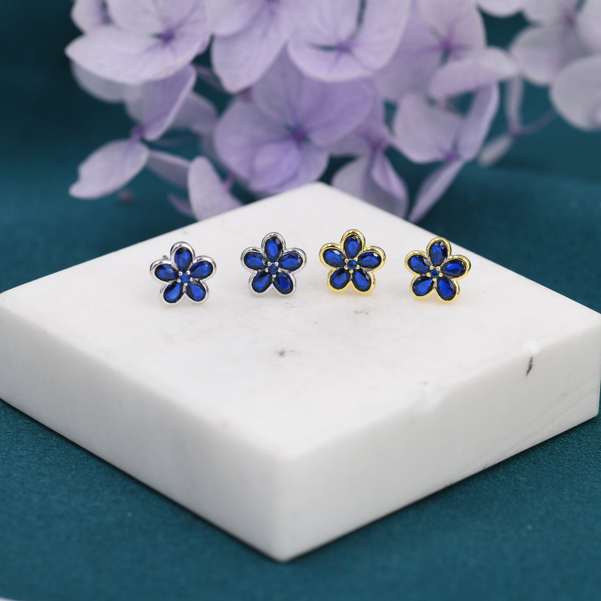 Sapphire Blue Flower CZ Stud Earrings in Sterling Silver, Forget Me Not Floral CZ Earrings, Silver or Gold, Flower CZ Earrings