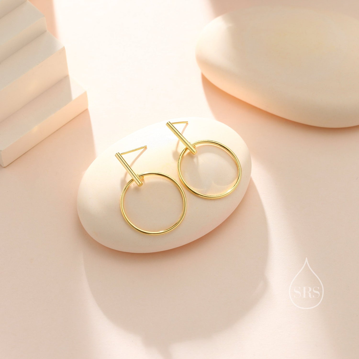 Large Dangle Circle and Bar Stud Earrings in Sterling Silver, Silver, Gold or Rose Gold, Geometric Circle Dangle Earrings
