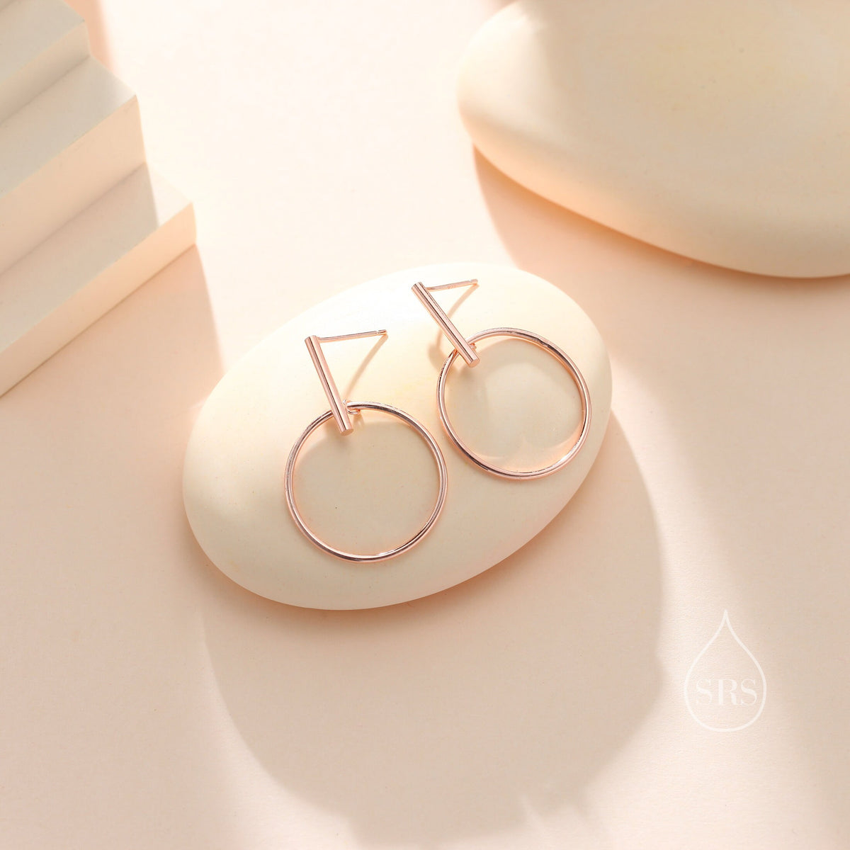 Large Dangle Circle and Bar Stud Earrings in Sterling Silver, Silver, Gold or Rose Gold, Geometric Circle Dangle Earrings