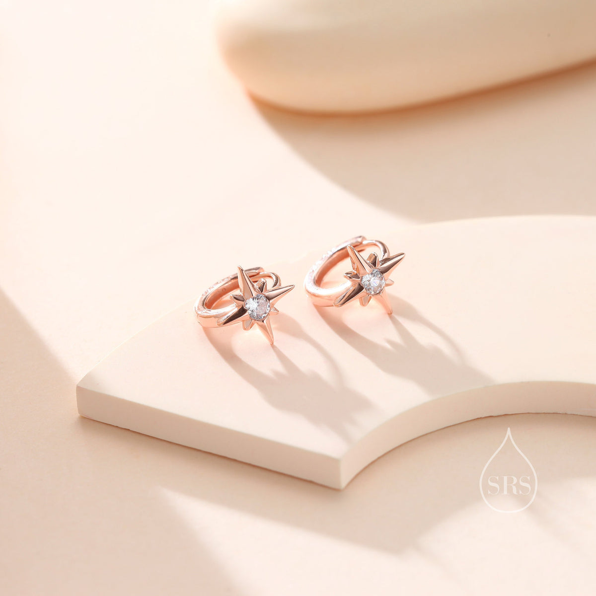 Delicate Starburst CZ Huggie Hoop Earrings in Sterling Silver, Silver, Gold or Rose Gold, North Star Earrings, Sunburst Earrings, Celestial