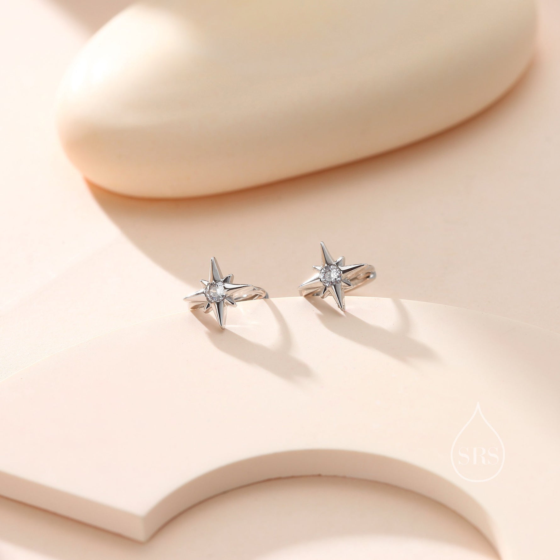 Delicate Starburst CZ Huggie Hoop Earrings in Sterling Silver, Silver, Gold or Rose Gold, North Star Earrings, Sunburst Earrings, Celestial