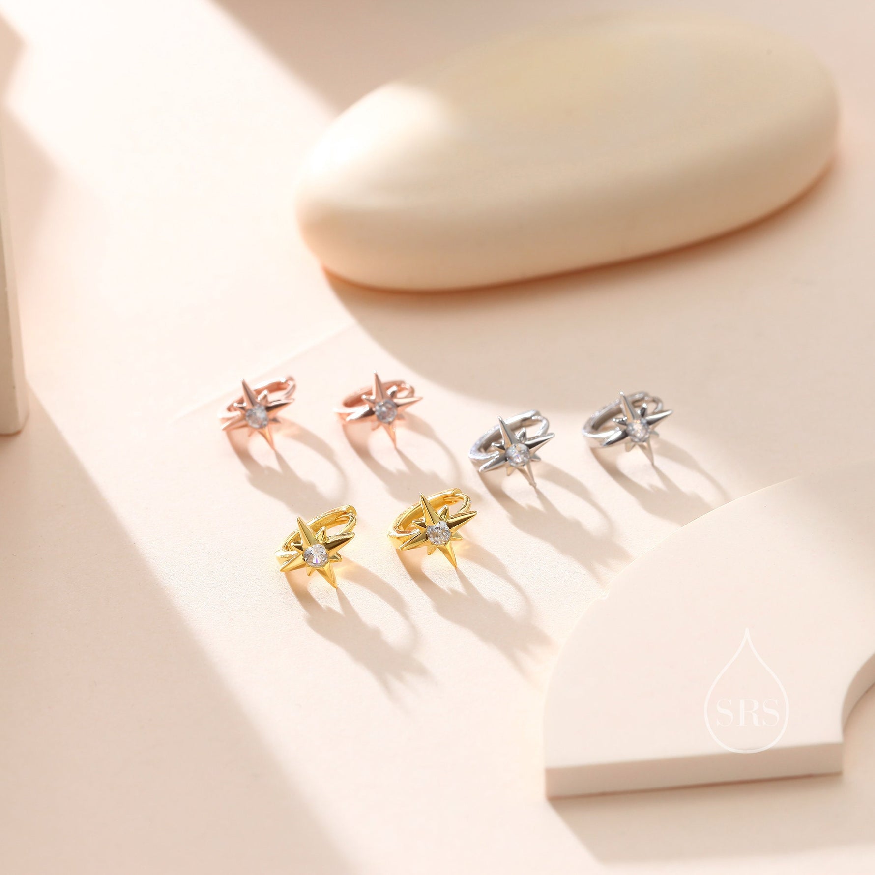 Delicate Starburst CZ Huggie Hoop Earrings in Sterling Silver, Silver, Gold or Rose Gold, North Star Earrings, Sunburst Earrings, Celestial