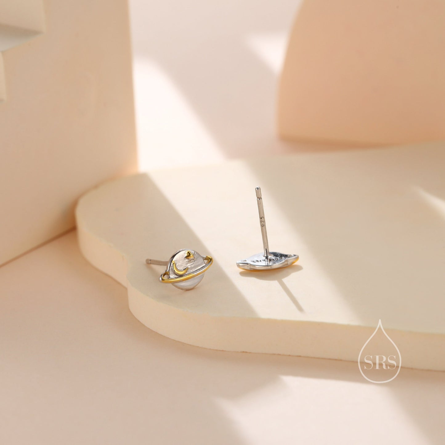 Little Planet Stud Earrings in Sterling Silver, Moon and Star Planet Stud, Saturn Earrings, Celestial Jewellery