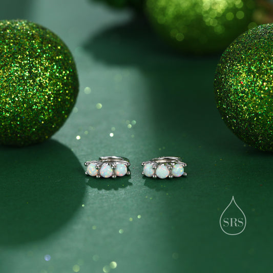 Extra Small 6mm Opal Huggie Hoops in Sterling Silver, White Opal or Blue Opal, Silver or Gold, Dainty Cartilage Hoops Earrings, Opal Earring