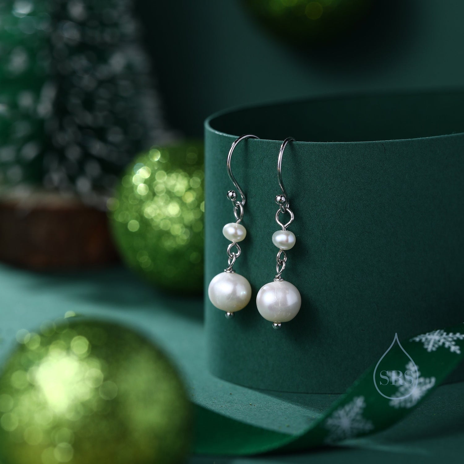 Genuine Freshwater Double Pearl Drop Hook Earrings in Sterling Silver, Delicate Keshi Pearl Earrings, Double Pearl Dangle Earrings