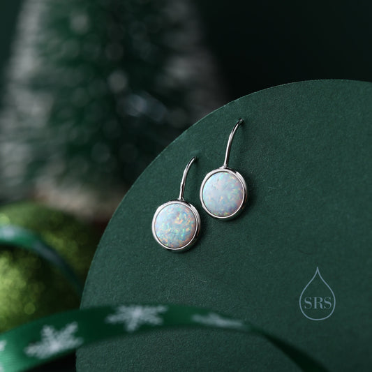 Opal Droplet Drop Hook Earrings in Sterling Silver, Blue Opal or White Opal, Delicate Blue Opal Earrings, Opal Coin Earrings