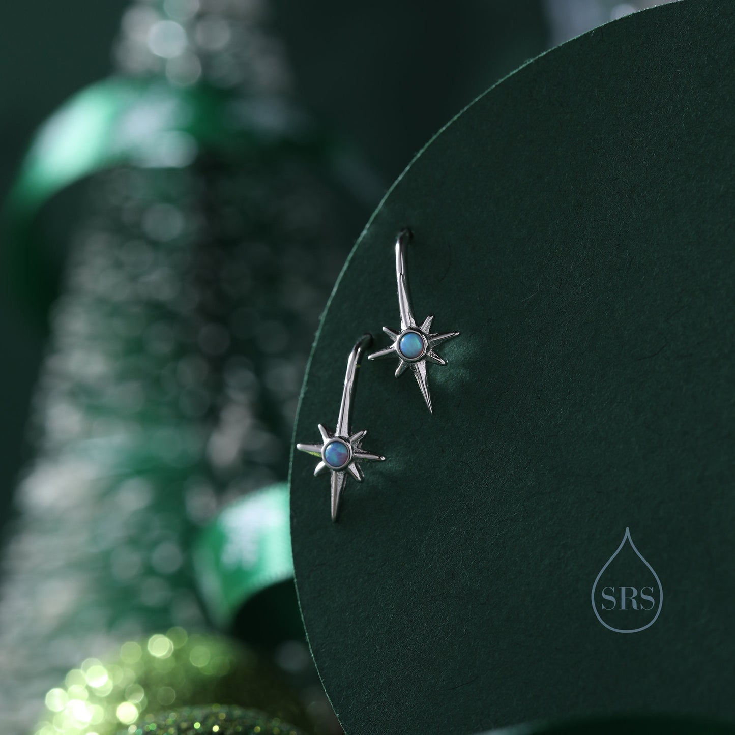 Opal Starburst Drop Hook Earrings in Sterling Silver, Blue Opal North Star Drop Earrings, Delicate Blue Opal Star Earrings, Sunburst Earring